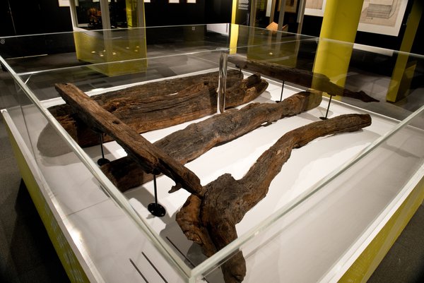 Willington Waggonway timbers in display case Willington Waggonway timbers in display case